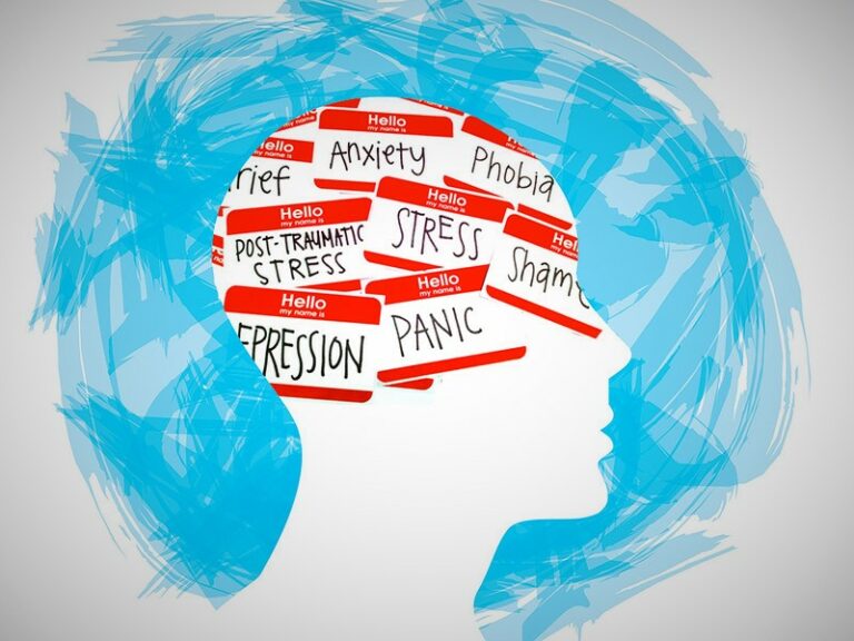 A drawing of a human head with a range of mental health issues written inside it