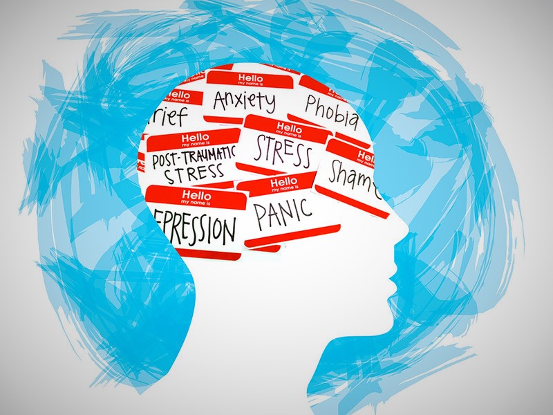 A drawing of a human head with a range of mental health issues written inside it