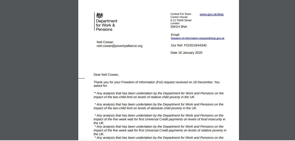 FOI response to Neil Cowan from the Dept of Work and Pensions