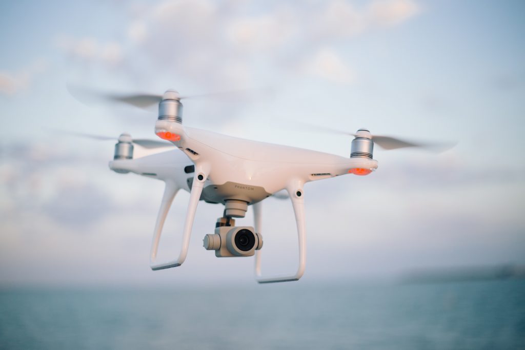 Drone flying, blurry background