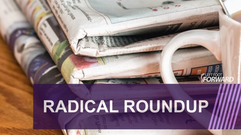 A photo of a pile of newspapers with the text 'Radical Roundup' overlaid