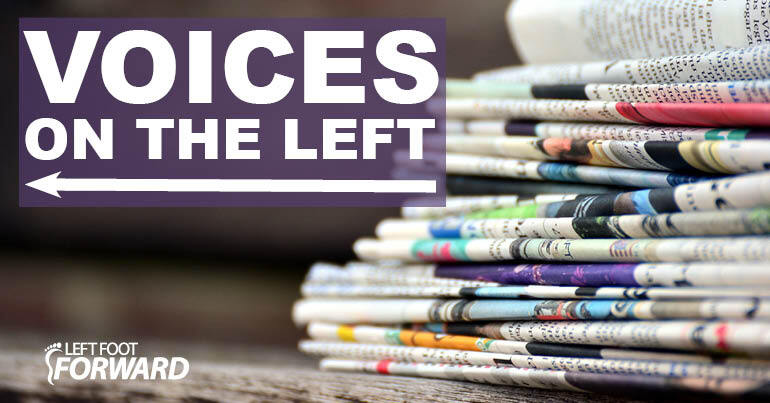 A pile of newspapers with text overlaid reading "Voices on the Left"
