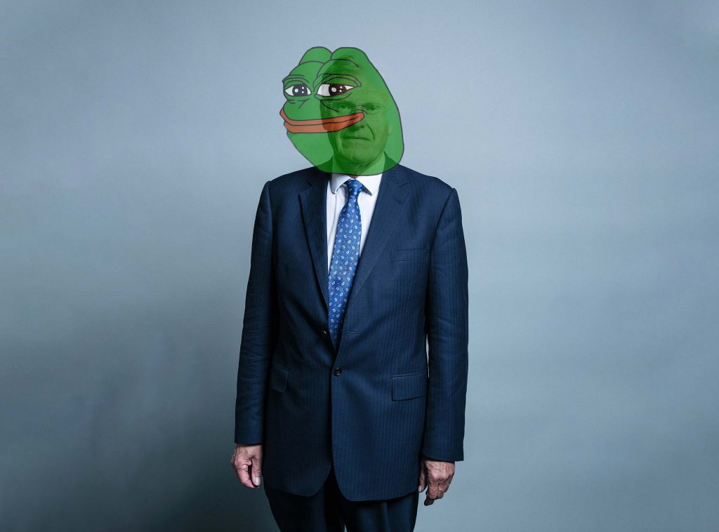 Christopher Chope in his official Parliamentary photo with a superimposed semi opaque head of far right meme character Pepe the Frog.
