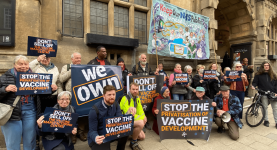 Protesters outside Oxford City Council campaigning against the sell off of the Vaccine Manufacturing and Innovation Centre (VMIC)