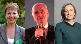 Three photos side by side - of Caroline Lucas, John McDonnell and Liz Saville Roberts