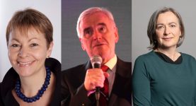 Three photos side by side - of Caroline Lucas, John McDonnell and Liz Saville Roberts