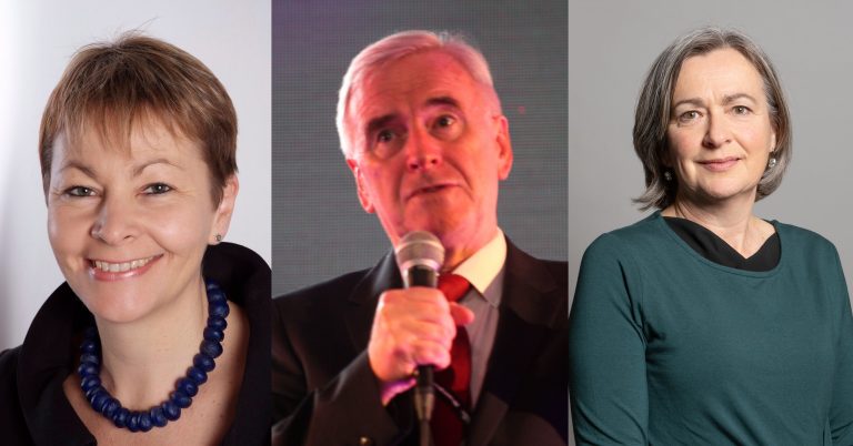 Three photos side by side - of Caroline Lucas, John McDonnell and Liz Saville Roberts