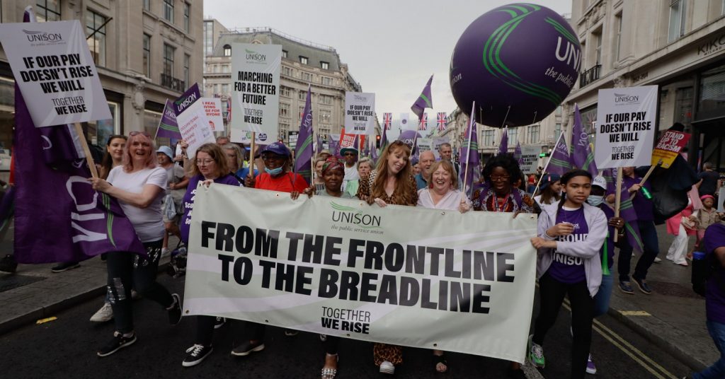 A photo of the Unison trade union bloc on the 2022 TUC demonstration