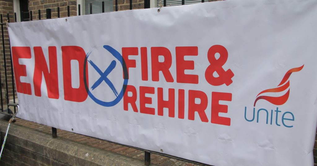 A banner reading "end fire and rehire"