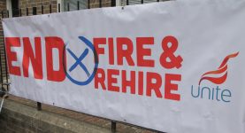 A banner reading "end fire and rehire"