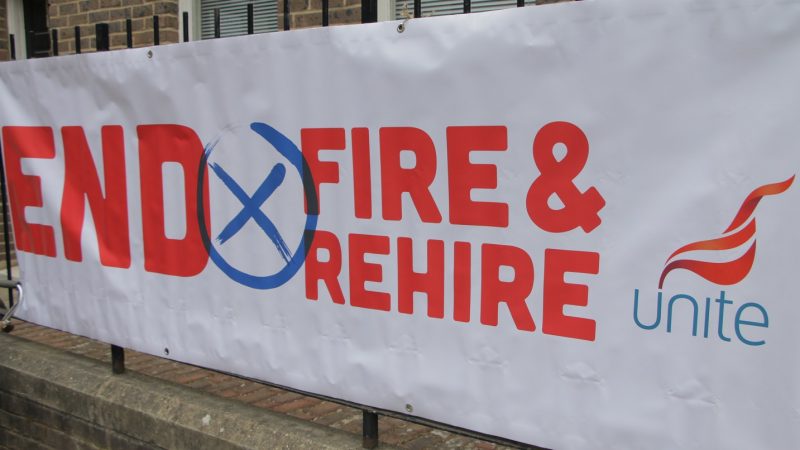 A banner reading "end fire and rehire"