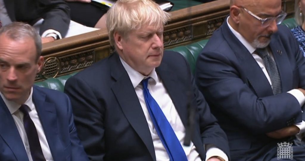 Dominic Raab, Boris Johnson and Nadhim Zahawi on the front bench of the House of Commons at PMQs