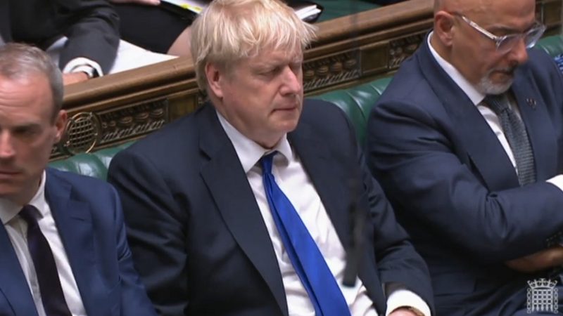Dominic Raab, Boris Johnson and Nadhim Zahawi on the front bench of the House of Commons at PMQs