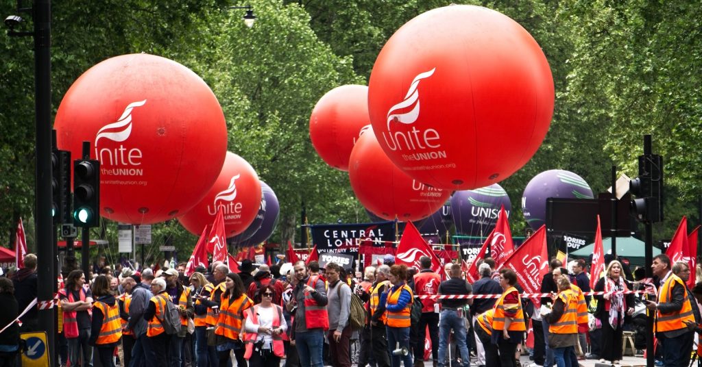 Unite balloons being flown at a TUC march