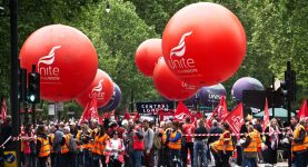 Unite balloons being flown at a TUC march