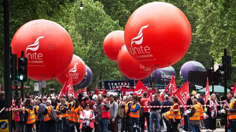 Unite balloons being flown at a TUC march