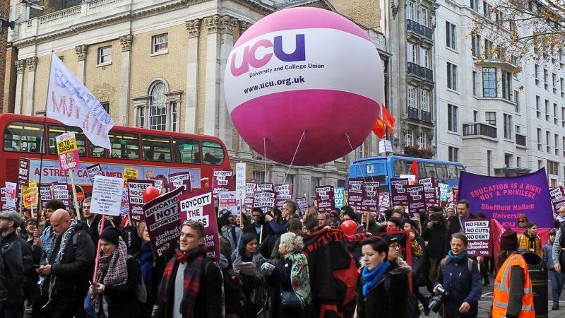 A photo of a demonstration with a Universities and Colleges Union balloon