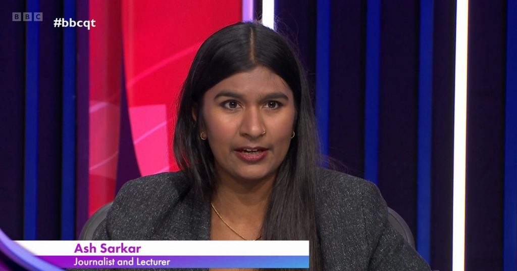 A still of Ash Sarkar appearing on BBC Question