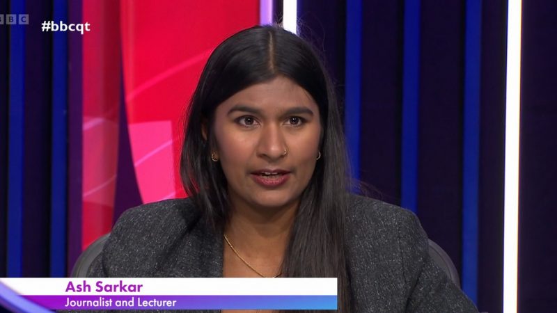 A still of Ash Sarkar appearing on BBC Question