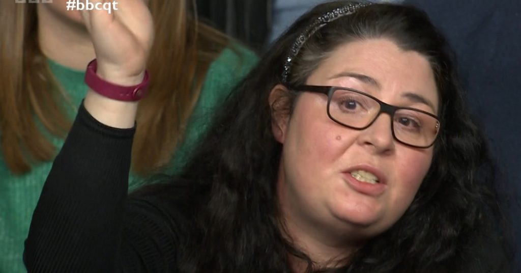 A still of an audience member on Question Time