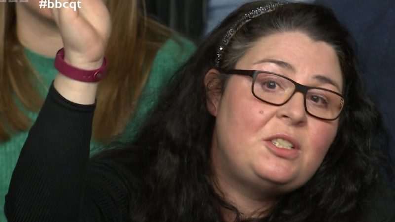 A still of an audience member on Question Time