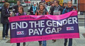 A photo of UCU members marching behind a banner reading "End the Gender Pay Gap"