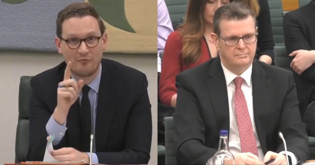 Darren Jones MP and Royal Mail boss Simon Thompson at a select committee hearing