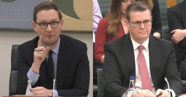 Darren Jones MP and Royal Mail boss Simon Thompson at a select committee hearing