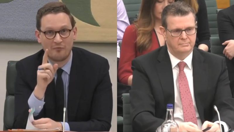 Darren Jones MP and Royal Mail boss Simon Thompson at a select committee hearing
