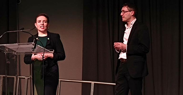 Carla Denyer and Adrian Ramsay speaking at Green Party Conference