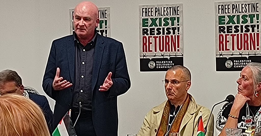 Mick Lynch speaking at a fringe meeting at the 2024 TUC Congress