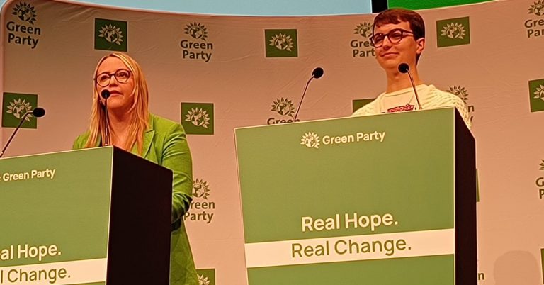 Young Greens co-chairs Luanne Thompson and Callum Clafferty speaking at Green Party Conference