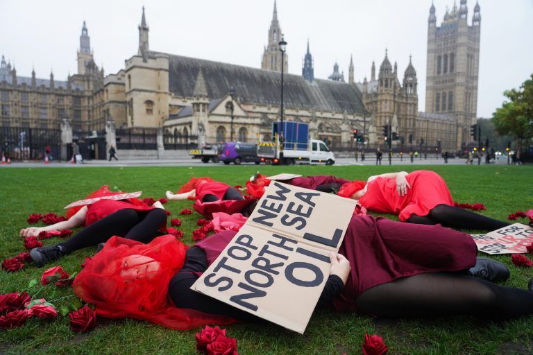 A 'die-in' protest over Rosebank outside the Houses of Parliament