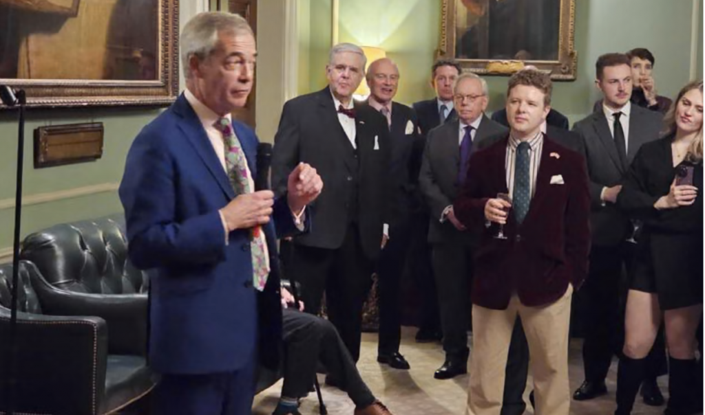 A photo of Reform leader Nigel Farage speaking at Heartland Institute's UK launch in London back in December