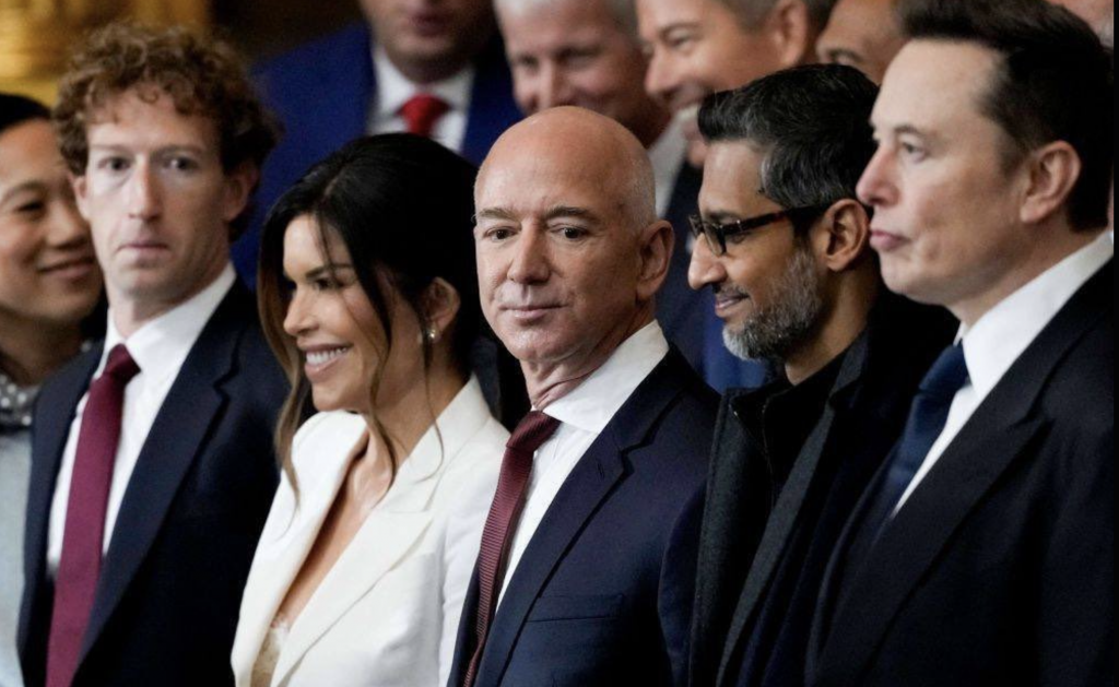 A photo of Silicon Valley bosses, including Mark Zuckerberg and Elon Musk at Trump's inauguration