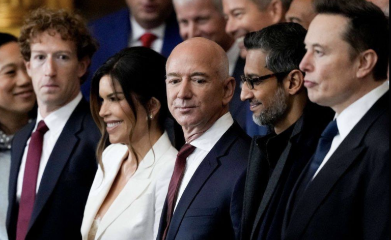 A photo of Silicon Valley bosses, including Mark Zuckerberg and Elon Musk at Trump's inauguration