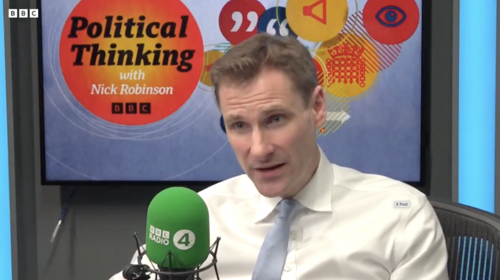 A photo of Tory Shadow Home Secretary Chris Philp speaking on the BBC's Political Thinking podcast
