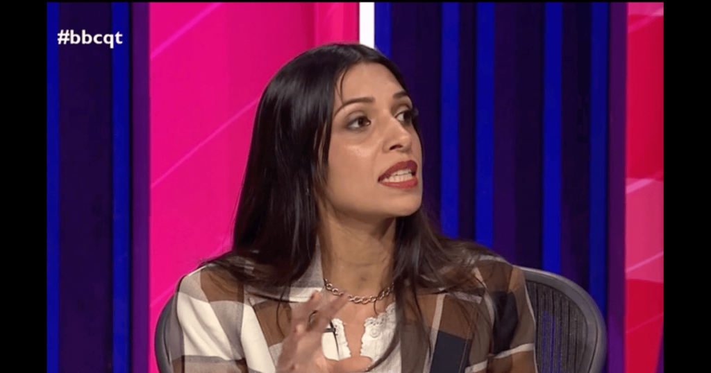A photo of ex-Labour Parliamentary candidate Faiza Shaheen speaking on BBC Question Time