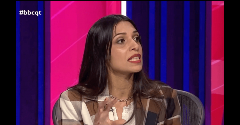 A photo of ex-Labour Parliamentary candidate Faiza Shaheen speaking on BBC Question Time