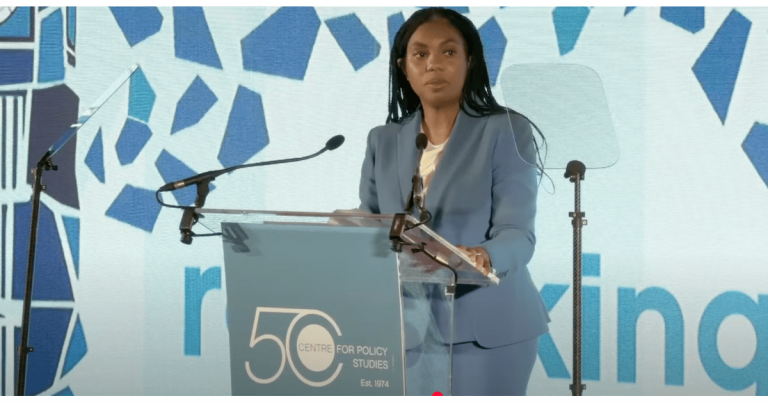 A photo of Kemi Badenoch speaking at the Centre for Policy Studies conference