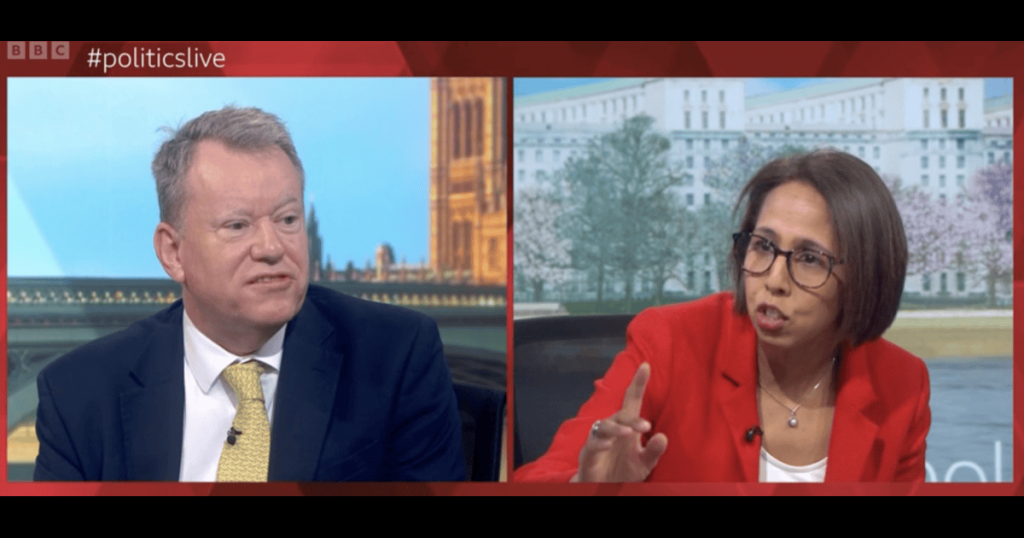 A picture of Lord David Frost and Lib Dem MP Munira Wilson speaking on Politics Live
