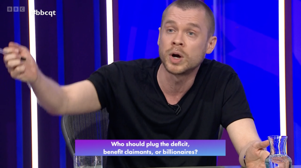 A photo of Gary Stevenson speaking on BBC Question Time