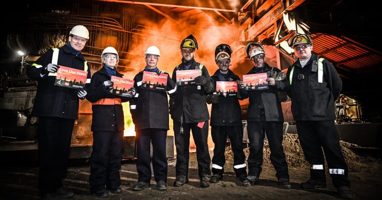 A photo of Nigel Farage, Richard Tice and Greater Lincolnshire mayoral candidate Andrea Jenkyns staging a photo opportunity at Scunthorpe steelworks
