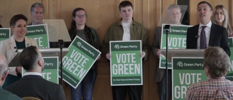 A photo of Green Party co-leaders Carla Denyer and Adrian Ramsay launching the Greens' local election campaign