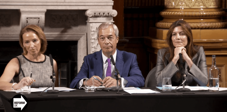 Nigel Farage, Sarah Pochin and Laila Cunningham at Reform UK presser yesterday