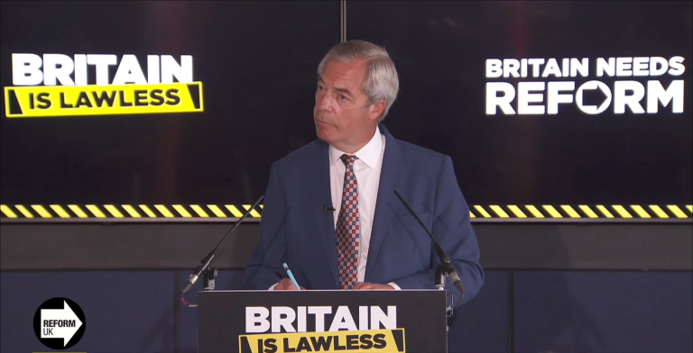 Nigel Farage at a Reform UK press conference