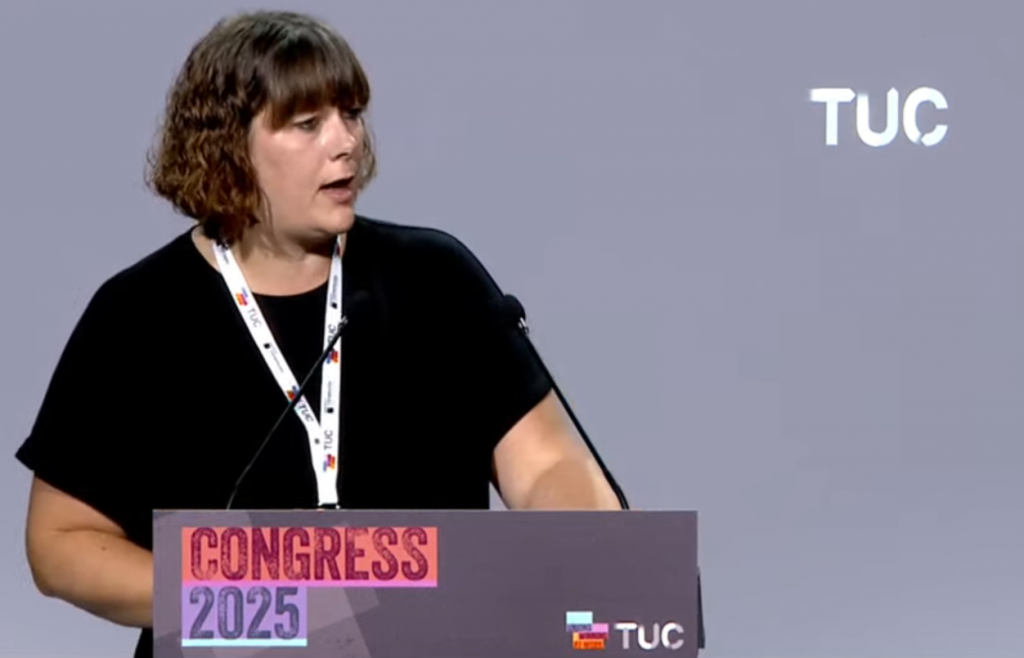 Sarah Woolley speaking on the motion on the Fossil Fuel Non-Proliferation Treaty at TUC Congress