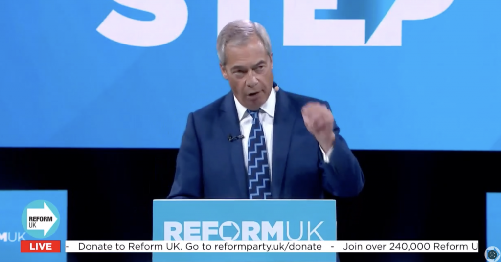 Nigel Farage making his speech at Reform Party conference 2025