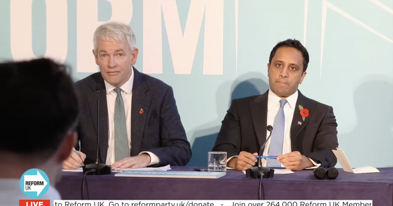 Reform's Danny Kruger and Zia Yusuf speaking at a press conference yesterday