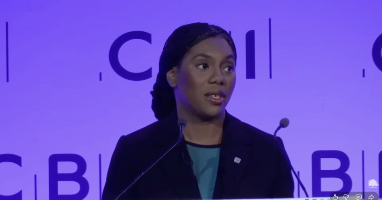 Kemi Badenoch speaking at the CBI